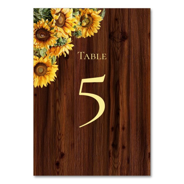 Gold Sunflowers Table Number Card (Front)
