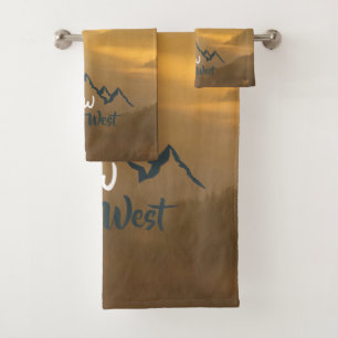 Gold sunrise personalizable mountains monogram bath towel set