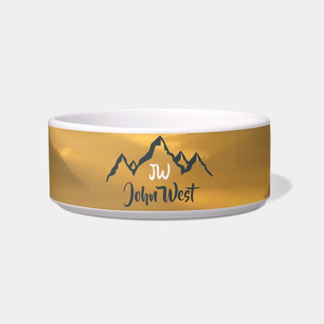 Gold sunrise personalizable mountains monogram bowl (Front)