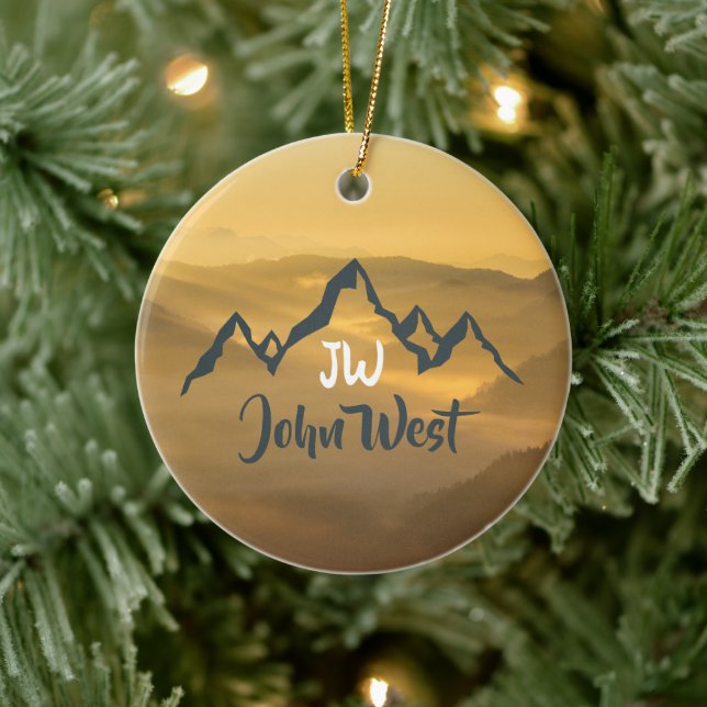 Gold sunrise personalizable mountains monogram ceramic ornament (Tree)