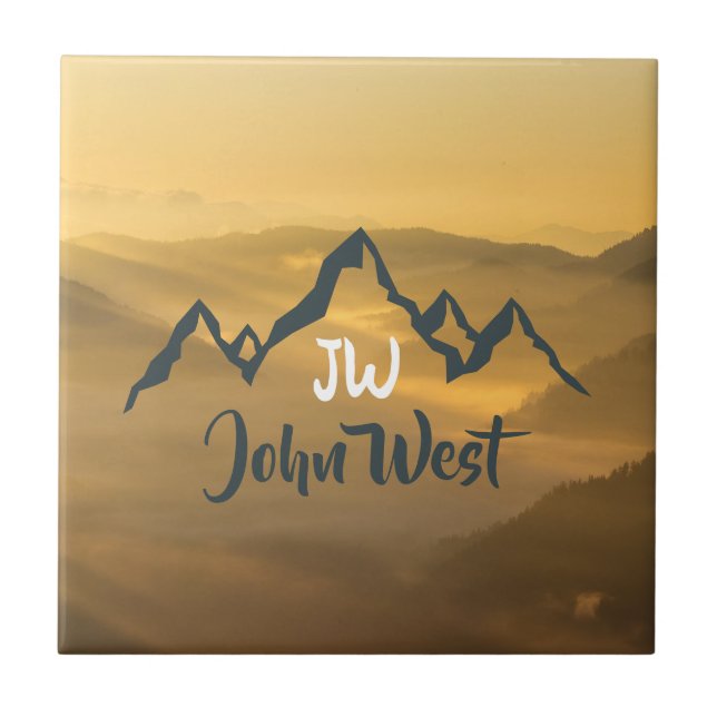 Gold sunrise personalizable mountains monogram ceramic tile (Front)