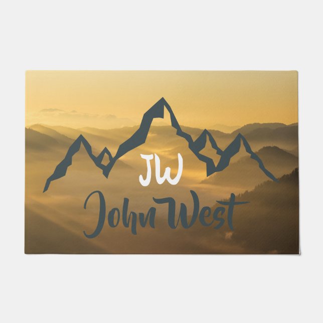 Gold sunrise personalizable mountains monogram doormat (Front)