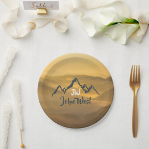Gold sunrise personalizable mountains monogram paper plate