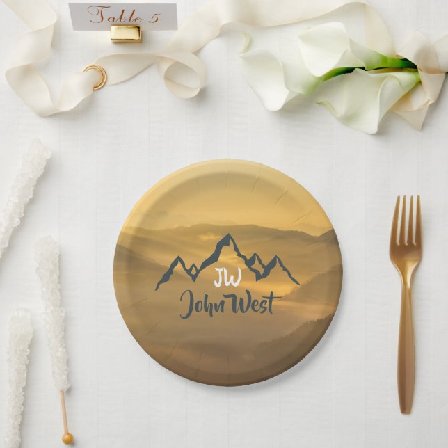 Gold sunrise personalizable mountains monogram paper plate (Wedding)