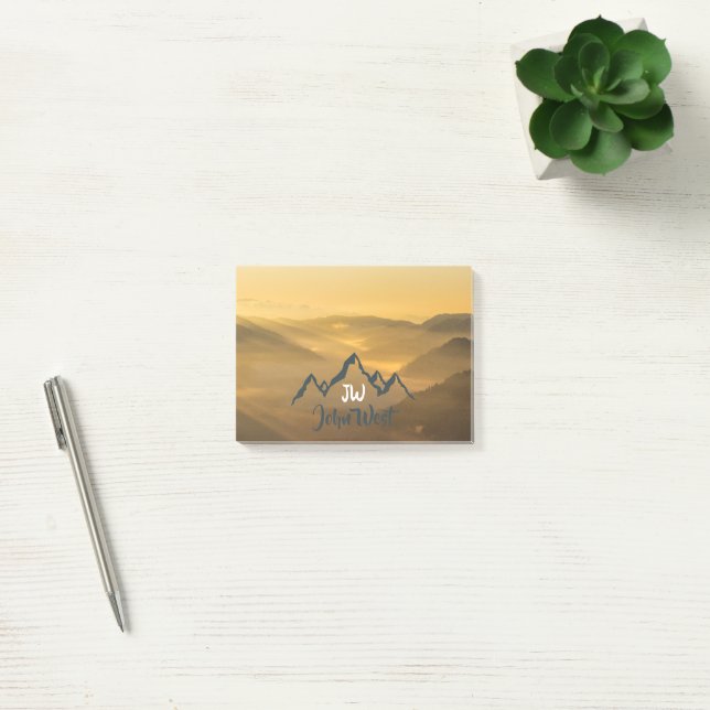 Gold sunrise personalizable mountains monogram post-it notes (Office)