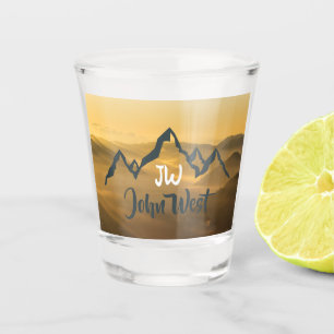 Gold sunrise personalizable mountains monogram shot glass