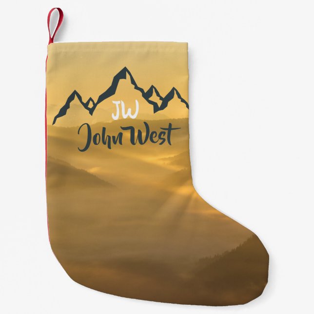 Gold sunrise personalizable mountains monogram small christmas stocking (Front)