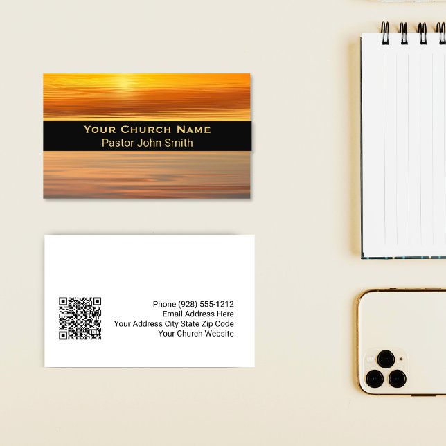 Gold Sunset Reflection Church Pastor QR Code Business Card (Gold Sunset Reflection Church Pastor QR Code Business Card)