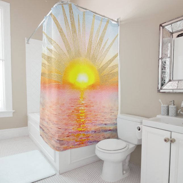 Gold Sunset Sun Mandala Watercolor Sea Shower Curtain (In Situ)