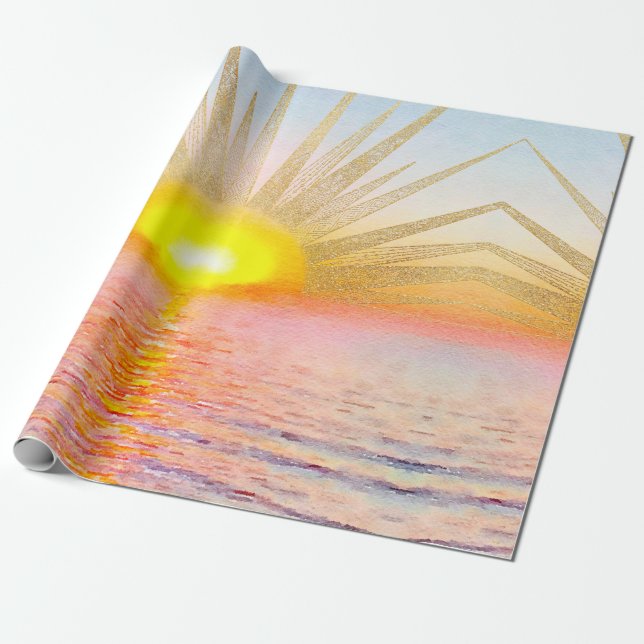 Gold Sunset Sun Mandala Watercolor Sea Wrapping Paper (Unrolled)