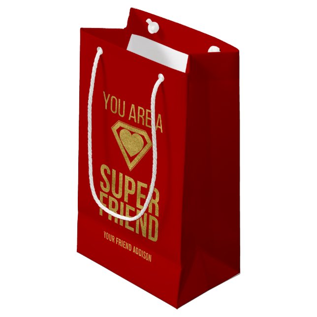 Gold Superhero Friend Valentine Gift Bag Red (Front Angled)