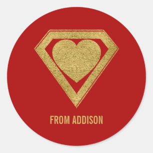 Gold Superhero Friend Valentine Sticker Red