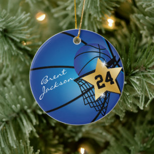 Gold Superstar Basketball   DIY Text   Dark Blue  Ceramic Ornament