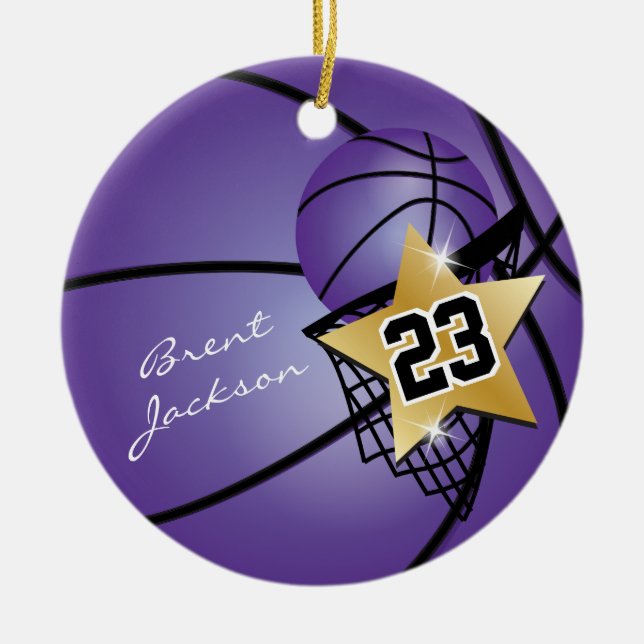 Gold Superstar Basketball | DIY Text | Purple Ceramic Ornament (Front)