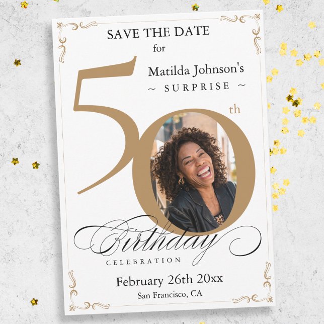 Gold Surprise 50th Birthday Save The Date Invitation (Mockup View)