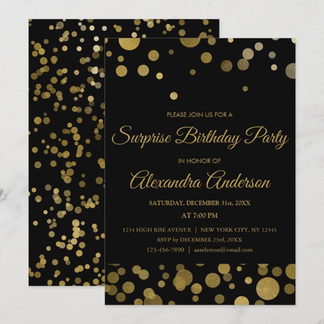 Gold Surprise Birthday Party Gold Confetti Invitation (Front/Back)