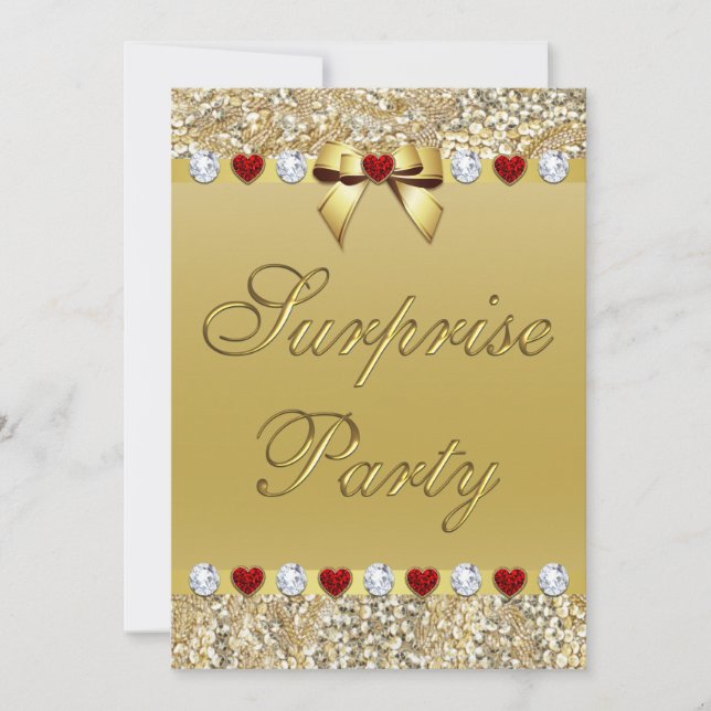 Gold Surprise Party Faux Sequins Hearts Bow Invitation (Front)