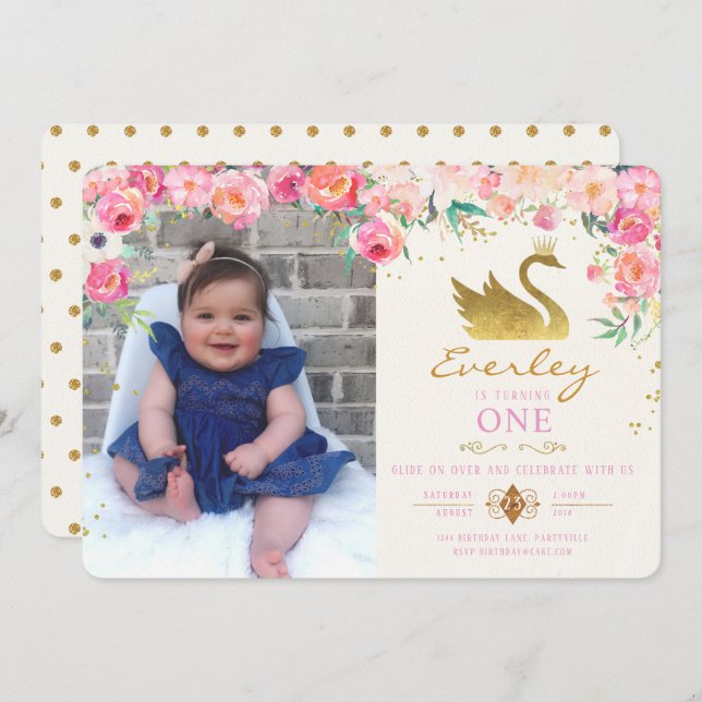 Gold Swan Princess Pink Floral Birthday Invitation (Front/Back)