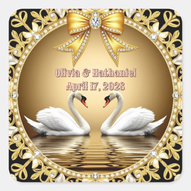 Gold Swan Wedding Name Decor 💍 Square Sticker (Front)