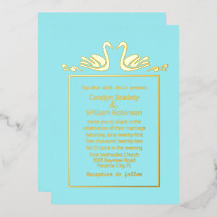 Gold Swans Aqua Wedding Foil Invitation
