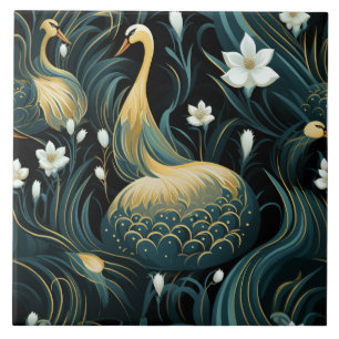 Gold Swans, White Flowers, Chinese Art Influence Ceramic Tile