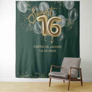 Gold Sweet 16 Balloons Emerald Green Backdrops Tapestry