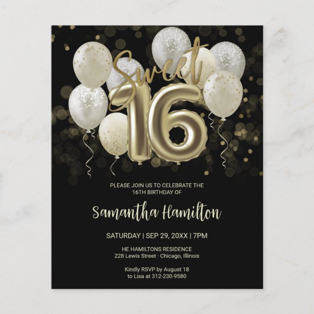 Gold Sweet 16 Bday Balloons Black Budge Invitation (Front)