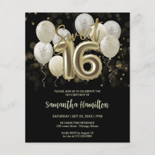 Gold Sweet 16 Bday Balloons Black Budge Invitation