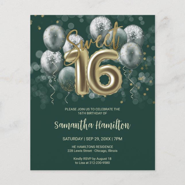 Gold Sweet 16 Bday Balloons Black Green Invitation (Front)