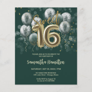 Gold Sweet 16 Bday Balloons Black Green Invitation