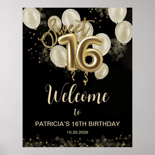 Gold Sweet 16 Bday Balloons Black Welcome Sign (Front)