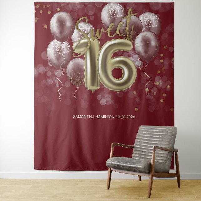 Gold Sweet 16 Bday Balloons Burgundy Backdrop Tapestry (In Situ)