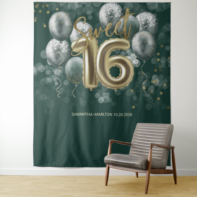 Gold Sweet 16 Bday Balloons Emerald Green Backdrop Tapestry (In Situ)