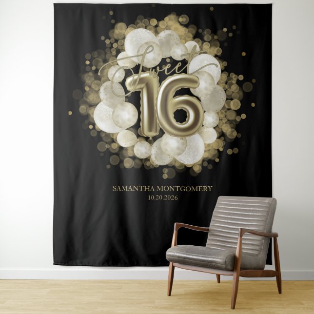 Gold Sweet 16 Bday Balloons Party Black Backdrop Tapestry (In Situ)