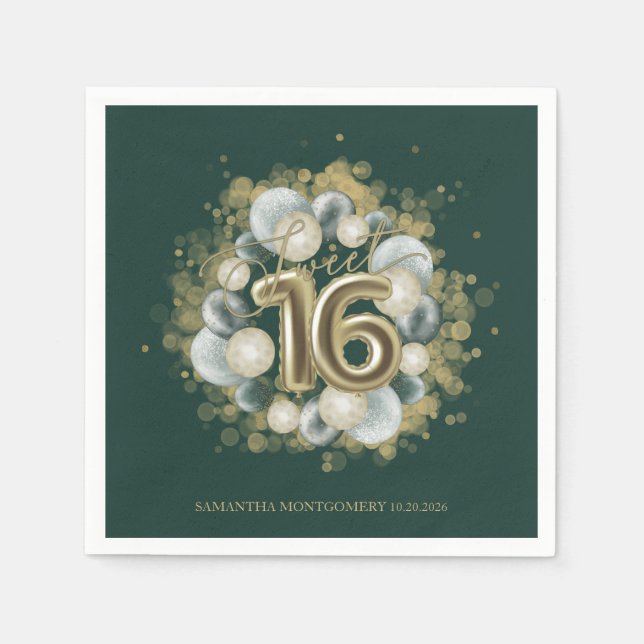 Gold Sweet 16 Bday Balloons Party Emerald Green Napkin (Front)