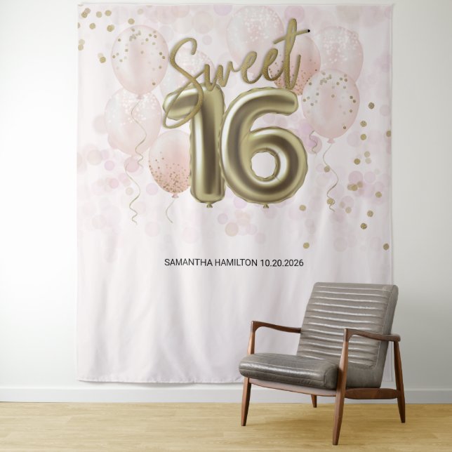 Gold Sweet 16 Bday Balloons Party Pink Backdrop Tapestry (In Situ)