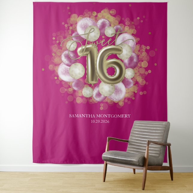 Gold Sweet 16 Bday Balloons Party Pink Backdrop Tapestry (In Situ)