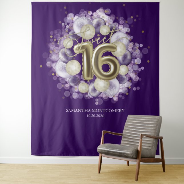 Gold Sweet 16 Bday Balloons Party Purple Backdrop Tapestry (In Situ)