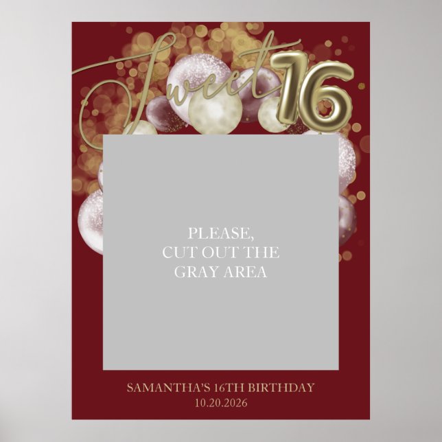 Gold Sweet 16 Bday Balloons Photo Prop Burgundy Poster (Front)