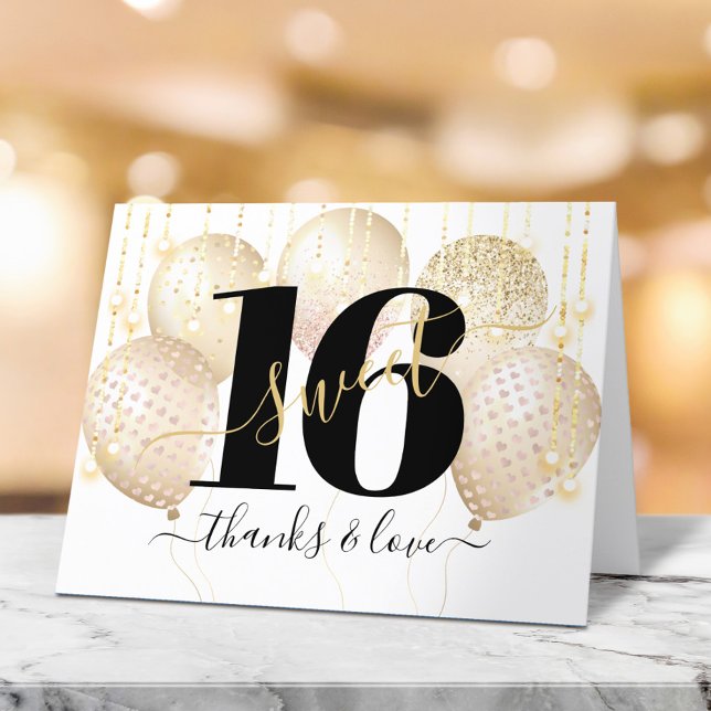 Gold Sweet 16 Birthday Balloons Modern Luxury Glam Thank You Card (Creator Uploaded)
