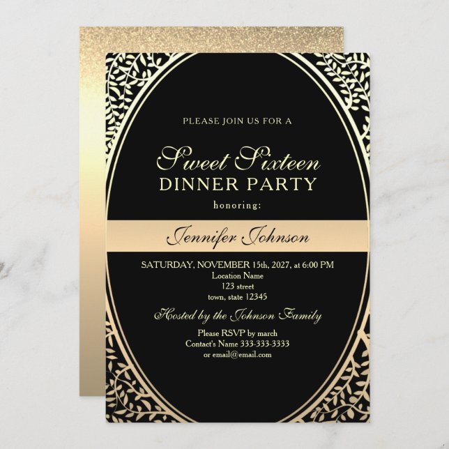 Gold Sweet 16 Birthday Invitation (Front/Back)