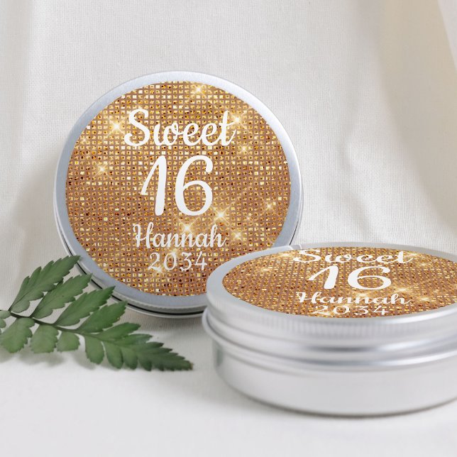 Gold Sweet 16 Girl Birthday Favours Tin Box Classic Round Sticker (Gold Sweet 16 Girl Birthday Favors Tin Box Classic Round Sticker
)