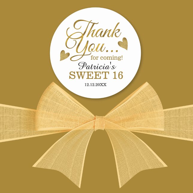 Gold Sweet 16 Sixteenth Birthday Party Thank You Classic Round Sticker (Gold Sweet 16 Sixteenth Birthday Party Thank You Classic Round Sticker)
