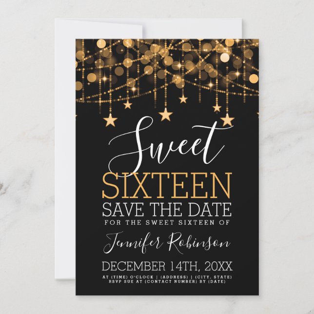 Gold Sweet 16 Sparkly String Lights Save Date Save The Date (Front)