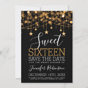 Gold Sweet 16 Sparkly String Lights Save Date Save The Date