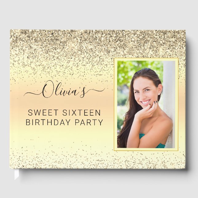 Gold Sweet 16th Birthday Sparkle Glitter Photo Guest Book (Front)