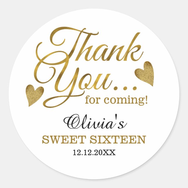 Gold Sweet Sixteen 16th Birthday Thank You Favours Classic Round Sticker (Front)
