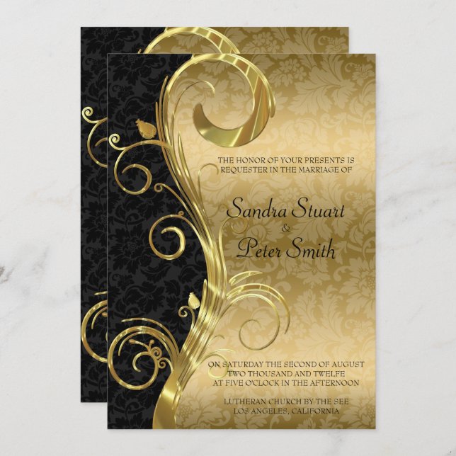 Gold Swirl And Gold Black Damask Wedding Invitation (Front/Back)