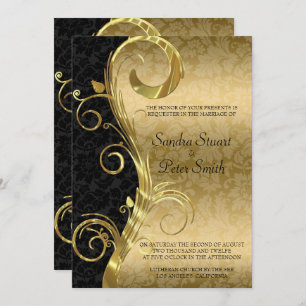 Gold Swirl And Gold Black Damask Wedding Invitation