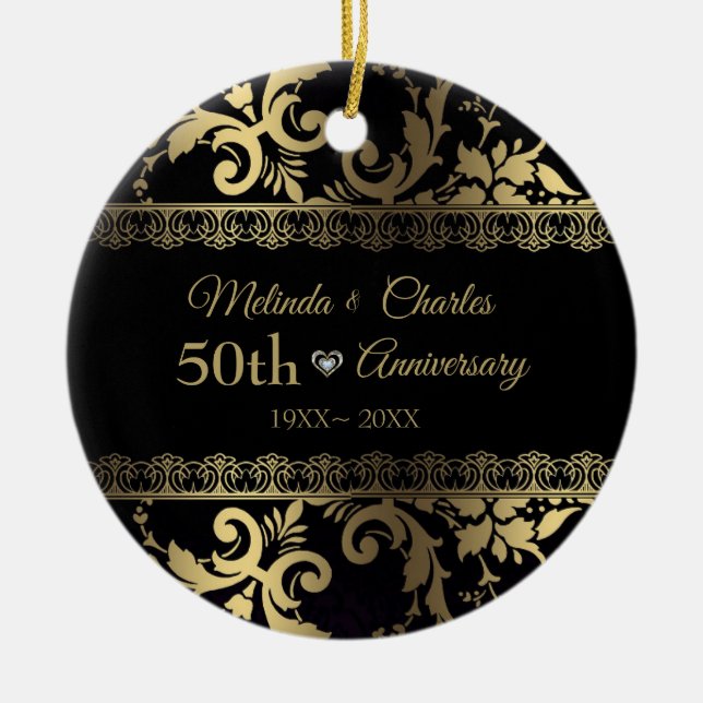 Gold Swirl Damask And Lace Ceramic Ornament (Front)